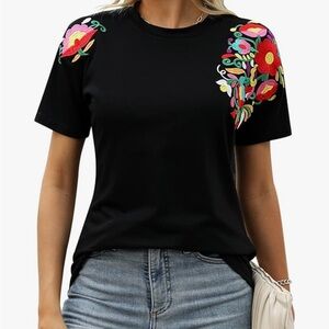 Floral Embroidered Black Short Sleeve Top